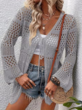 Plus Size Scallop Trim Solid Kimono, Casual Cut Out Long Sleeve Lace Up Kimono, Women's Plus Size Clothing