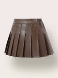 Girls Fashionable High Waist Pleated PU Leather Skirt with Built-in Safety Shorts - Perfect Party & K-pop Inspired Gift for Trendsetters