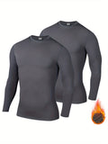 2 Pcs High-Elasticity Men's Thermal Compression Long Sleeve Shirt - Breathable, Quick-Dry, Solid Color Running & Workout Top for Fall/Winter