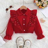 Charming Sweetheart Ruffle Lapel Crop Shirt - Women's Blouses & Button-Down Shirts with Beaded Embellishments, Long Sleeve, Party/Casual Wear for Spring and Fall Seasons