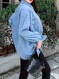 Chic Womens Denim Shirt - Flattering Long Sleeves, Trendy Oversized Fit - Perfect for Spring/Autumn - A Fashion Statement in Classic Blue Jean