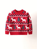 Boys Cozy Cartoon Deer & Trees Graphic Knit Pullover Sweater - Soft Viscose Blend, Crew Neck, Long Sleeve, Regular Fit - Perfect for Winter, Spring, and Autumn