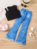 Girls 2pcs Solid Vest + Unicorn Pattern Flare Pant Set For Spring Fall Outdoor Activities Christmas Gift