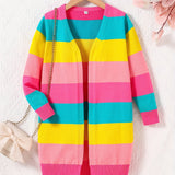 Vibrant Rainbow Striped Long Sleeve Knit Cardigan for Girls - Soft, Comfy, and Cozy Design for Autumn and Winter - Perfect for Casual Daily Wear, School, or Outdoor Activities