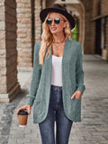 Plus Size Open Front Ribbed Cardigan, Casual Dual Pockets Long Sleeve Cardigan For Fall, Women's Plus Size Clothing