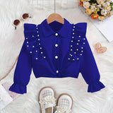 Charming Sweetheart Ruffle Lapel Crop Shirt - Women's Blouses & Button-Down Shirts with Beaded Embellishments, Long Sleeve, Party/Casual Wear for Spring and Fall Seasons