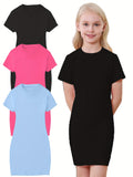 3-Pack Girls Short Sleeve Slim Fit T-Shirt Dress - Soft & Breathable, Crew Neck, Solid Colors, Casual Everyday Style