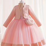 3pcs Girls Glamorous Puffy Princess Dress Set - Flower Embellished, Jacquard Jacket & Bag - Perfect for Parties & Performances