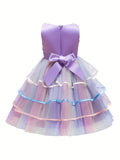 Elegant Girls' Unicorn Birthday Party Dress - Rainbow Tulle Ball Gown with Floral Applique, Comfort Fit