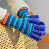 Striped Warm Knit Gloves, Touch Screen Wrist Cover Winter Windproof Gloves, Non-slip Outdoor Cycling Gloves For Students