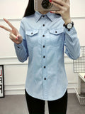 Plain Washed Blue Long Sleeve Casual Style Denim Shirts Top, Women's Denim Jeans & Clothing