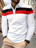 Men's Stylish Color Block Polo Shirts - Long Sleeve Lapel Golf Polos with Mid Stretch, Regular Fit, and Casual Style for Spring/Autumn Season Wear