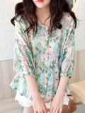 greatnfb  Floral Print Button Front Blouse, Elegant Short Sleeve Ruffle Hem Blouse, Women's Clothing