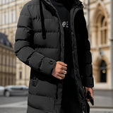 Men's Winter Thickened Padded Hooded Pullover Coat, Windproof Mid-Length Warm Casual Fashion Cotton Jacket, Polyester Fabric, Solid Color, Regular Sleeves, Long Length, Zipper Closure, Pocket Detail, Daily & Leisurewear