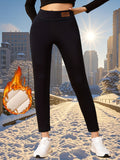 Plus Size High Waisted Leggings for Women - Winter Thermal Fleece Lined Skinny Pants, Polyester 95%, Elastane 5%, Elegant Medium Stretch Knit Fabric, Solid Color, Warm Tummy Control션