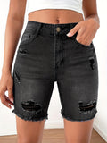 greatnfb Black Ripped Holes Denim Shorts, Raw Hem Slim Fit Slant Pockets Denim Shorts, Women's Denim Jeans & Clothing