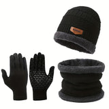 Cozy 3pcs Winter Set: Thick Fleece-Lined Beanie, Scarf & Touchscreen Gloves -, Cotton, Hand Washable