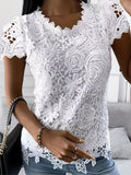 greatnfb  Lace Crew Neck T-Shirt, Elegant Short Sleeve T-Shirt For Spring & Summer, Women's Clothing