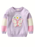 Vibrant Daisy Delight Crew Neck Sweater Top for Girls - Soft Beads and Butterfly Embroidery, Long Sleeves, Comfortable Fit, Spring and Autumn Wear, Ideal for Casual Outings and School Days