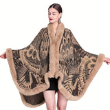 Luxurious Peacock Flower Pattern Cardigan Poncho - Soft Faux Fur Collar, Edge Shawl, Vintage-Inspired, Thickened Warm, Large Cloak for Autumn and Winter - Perfect for Outdoor Activities and Daily Wear