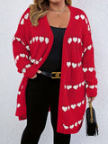 Plus Size Heart Pattern Knitted Cardigan, Casual Long Sleeve Open Front Cardigan, Women's Plus Size Clothing