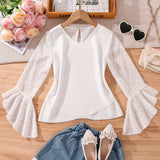 Chic V-Neck Elegant Dot Mesh Flared Long Sleeve Top - Women's Blouses & Button-Down Shirts with Casual Style, Breathable Fabric, and Flowy Design for Spring and Summer Seasons