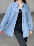 Chic Womens Denim Shirt - Flattering Long Sleeves, Trendy Oversized Fit - Perfect for Spring/Autumn - A Fashion Statement in Classic Blue Jean