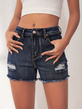 greatnfb Ripped Raw Hem Slash Pocket Denim Shorts, Dark Washed Blue Distressed Denim Shorts, Women's Denim Jeans & Clothing