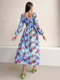 greatnfb  Floral Print Ruched Bust Waist Dress, Elegant Lantern Long Sleeve Square Neck Dress, Women's Clothing