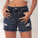 greatnfb Ripped Raw Hem Slash Pocket Denim Shorts, Dark Washed Blue Distressed Denim Shorts, Women's Denim Jeans & Clothing