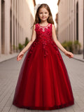 Elegant Princess Lace Gown for Girls - Flower Accents, Sleeveless Tulle, Full-Length - Ideal for Weddings, Pageants, and Formal Events