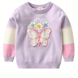 Vibrant Daisy Delight Crew Neck Sweater Top for Girls - Soft Beads and Butterfly Embroidery, Long Sleeves, Comfortable Fit, Spring and Autumn Wear, Ideal for Casual Outings and School Days