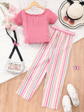 2PCS Girls Puff Short Sleeve T-shirt Top + Stripped Pants Set Spring Fall Christmas Gift, perfect for outdoor fashion wear