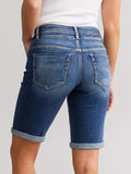 greatnfb Double Buttons Roll Up Hem Bermuda Denim Shorts, Whiskering Washed Medium Stretch Retro Denim Shorts, Women's Denim Jeans & Clothing