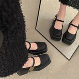 Womens Elegant Summer Style French Mary Jane Shoes Thick Heel Metal Buckle British Style Flat Shoes For Commuting 240705