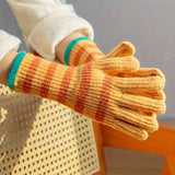 Striped Warm Knit Gloves, Touch Screen Wrist Cover Winter Windproof Gloves, Non-slip Outdoor Cycling Gloves For Students