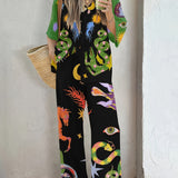 greatnfb  Graphic Print Two-piece Set, Single Button Shirt & Loose Pants Outfits, Women's Clothing