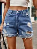 greatnfb Blue Rolled Hem Denim Shorts, Ripped Holes Slash Pockets Casual Short Denim Pants, Women's Denim Jeans & Clothing