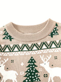 Boys Cozy Cartoon Deer & Trees Graphic Knit Pullover Sweater - Soft Viscose Blend, Crew Neck, Long Sleeve, Regular Fit - Perfect for Winter, Spring, and Autumn