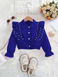 Charming Sweetheart Ruffle Lapel Crop Shirt - Women's Blouses & Button-Down Shirts with Beaded Embellishments, Long Sleeve, Party/Casual Wear for Spring and Fall Seasons