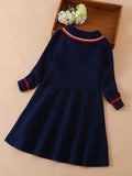 Elegant Preppy Bear-Embroidered Girls' Knit Dress - Cozy Long Sleeve, Easy-Care Spring/Fall Fashion