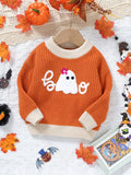 Adorable Cartoon Ghost Embroidered Sweater - Soft Cable Knit Long Sleeve Top for Toddler & Infant Boys, Perfect for Fall and Winter, Casual Wear, Letter Print Design, Halloween Theme, Comfortable and Cozy Clothing for Little Ones