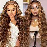 Honey Blonde Lace Front Wigs Human Hair 4/27 Highlight Ombre 4x4 Transparent Lace Frontal Human Hair Wigs For Women Pre Plucked Body Wave Highlight Lace Front Wigs 180% Density