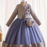 3pcs Girls Glamorous Puffy Princess Dress Set - Flower Embellished, Jacquard Jacket & Bag - Perfect for Parties & Performances