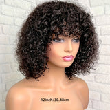 Short Bob Curly Human Hair Wigs With Bangs None Lace Front Human Hair Wigs For Women 180% Density Kinky Curly Fringe Bang Wig Human Hair Machine Made Brazilian Unprocessed Virgin Hair Wigs Natural Color