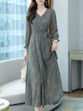 greatnfb  Elegant Long Sleeve Floral Midi Dress - Vintage-Inspired V-Neck Design, Perfect for Casual and Formal Occasions, Woman's Chic Wardrobe Essential