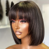 Straight Short Bob Wig With Bangs 100% Human Hair Full Machine Made Bob Wigs Glueless Straight Wigs For Women 180%