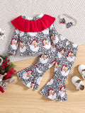 Christmas Dress Up, Long Sleeve Pullover Top & Flared Long Pants Set With Cartoon Santa Leopard Print For Toddler Baby Girls Outdoor Clothes