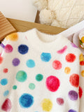 Vibrant Dots Faux Mink Plush Knit Pullover Sweater for Girls - Soft, Warm, Crew Neck Design for Autumn/Winter - Cozy, Colorful, and Comfortable