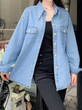 Chic Womens Denim Shirt - Flattering Long Sleeves, Trendy Oversized Fit - Perfect for Spring/Autumn - A Fashion Statement in Classic Blue Jean